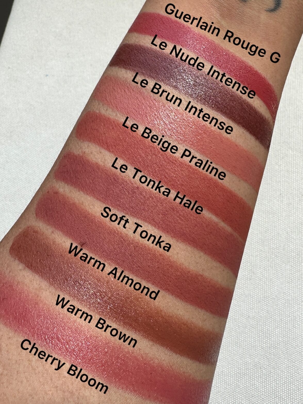 Guerlain Rouge g swatches, Guerlain Rouge G Le Nude Intense 03, Guerlain Rouge G Le Brun Intense 19, Guerlain Rouge G Le Beige Praline 131, Guerlain Rouge G Le Tonka Hale 539, 